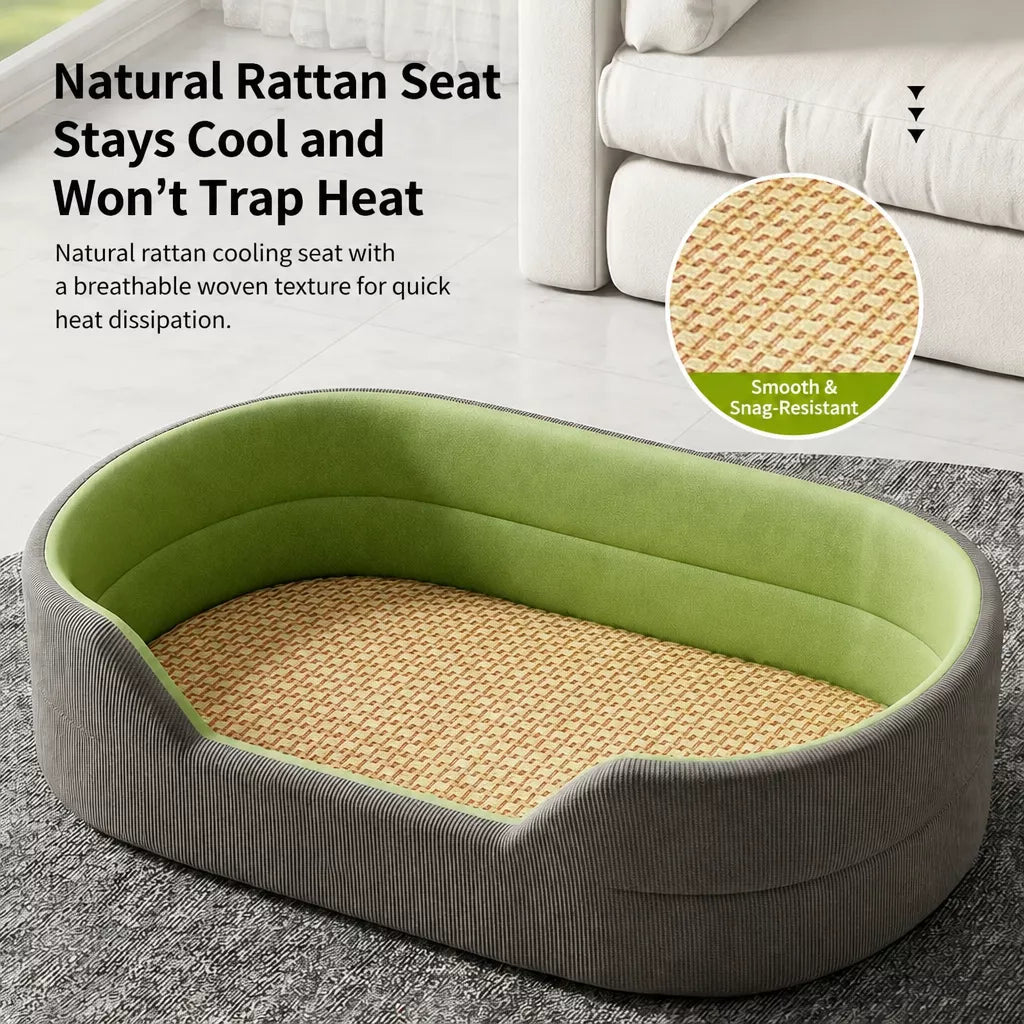 Woven summer surface and padded sides of the grass-green pet bed
