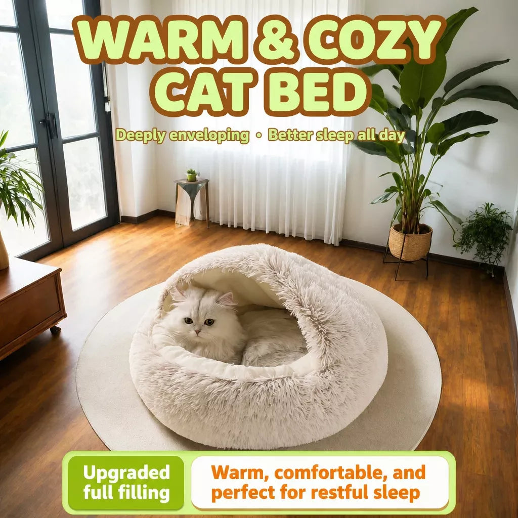 Hooded Round Plush Cat and Small Dog Bed — design and construction details