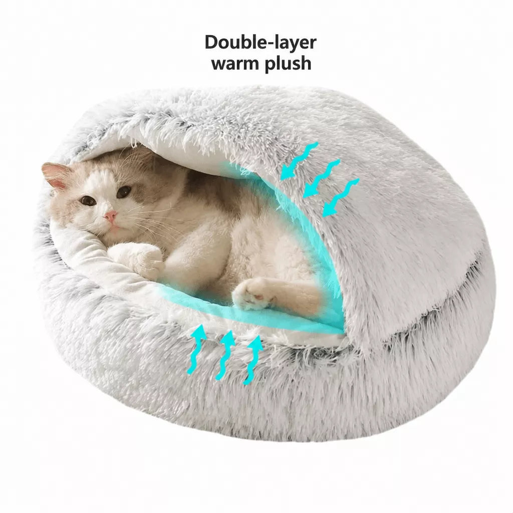 Hooded Round Plush Cat and Small Dog Bed — design and construction details