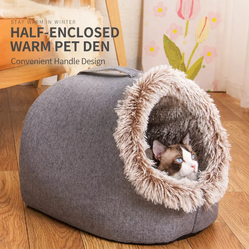 Enclosed Plush Pet Bed for Cats and Small Dogs