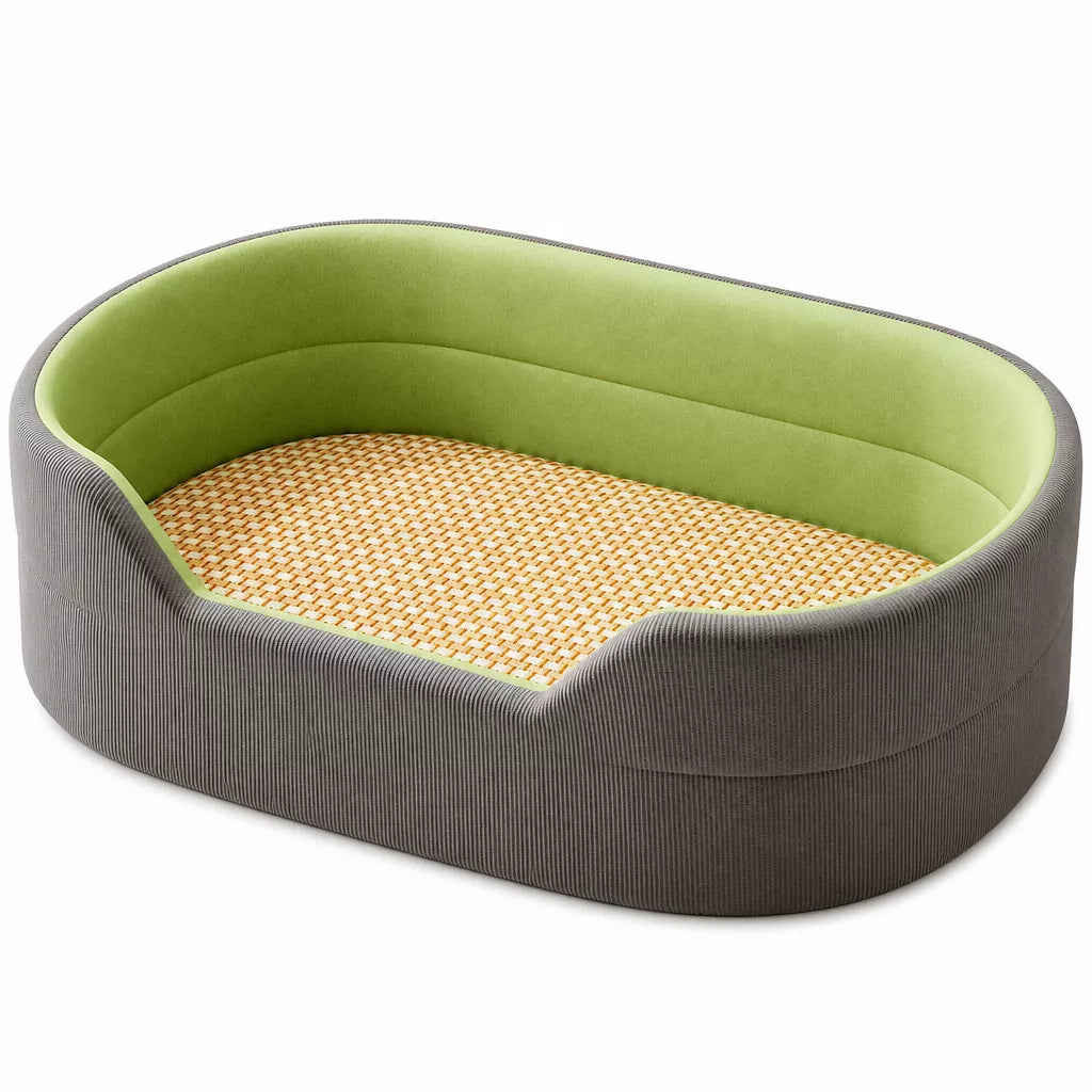 Gray and grass-green pet bed with a woven summer surface on a white background