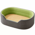 Gray and grass-green pet bed with a woven summer surface on a white background