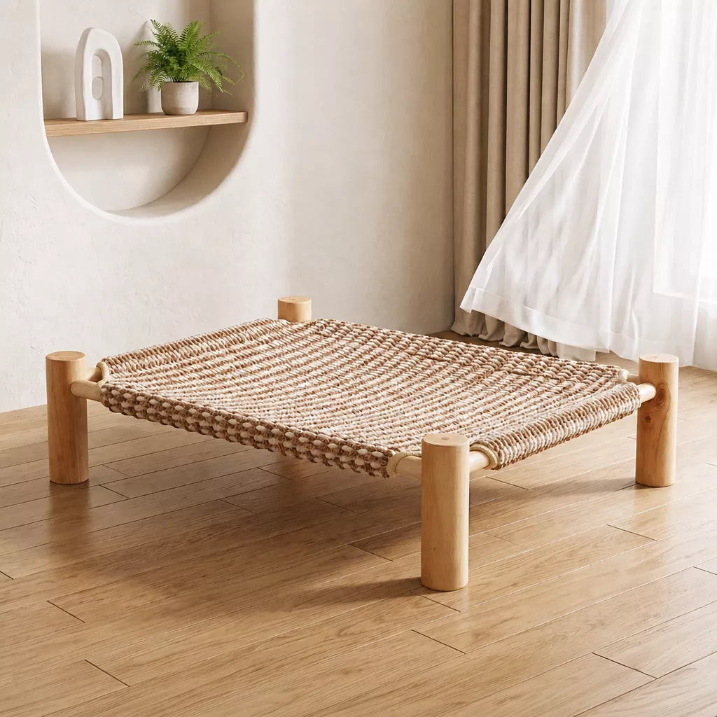 Rattan-Woven Cat Bed with Scratching Surface