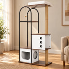 White and brown cat tree in a warm living room