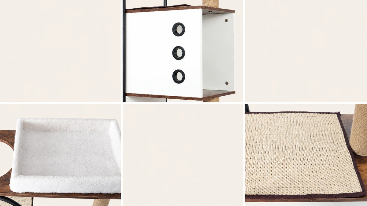 Cat condo, plush top cushion and sisal scratching mat details