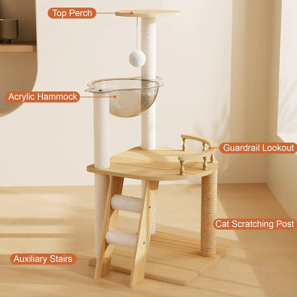 Labeled features of a modern wood cat tower