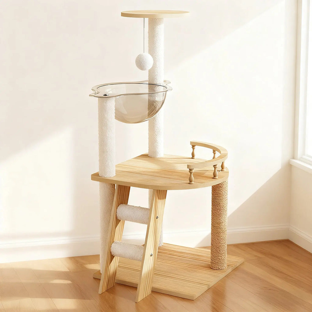 Modern wood cat tower in a sunlit room