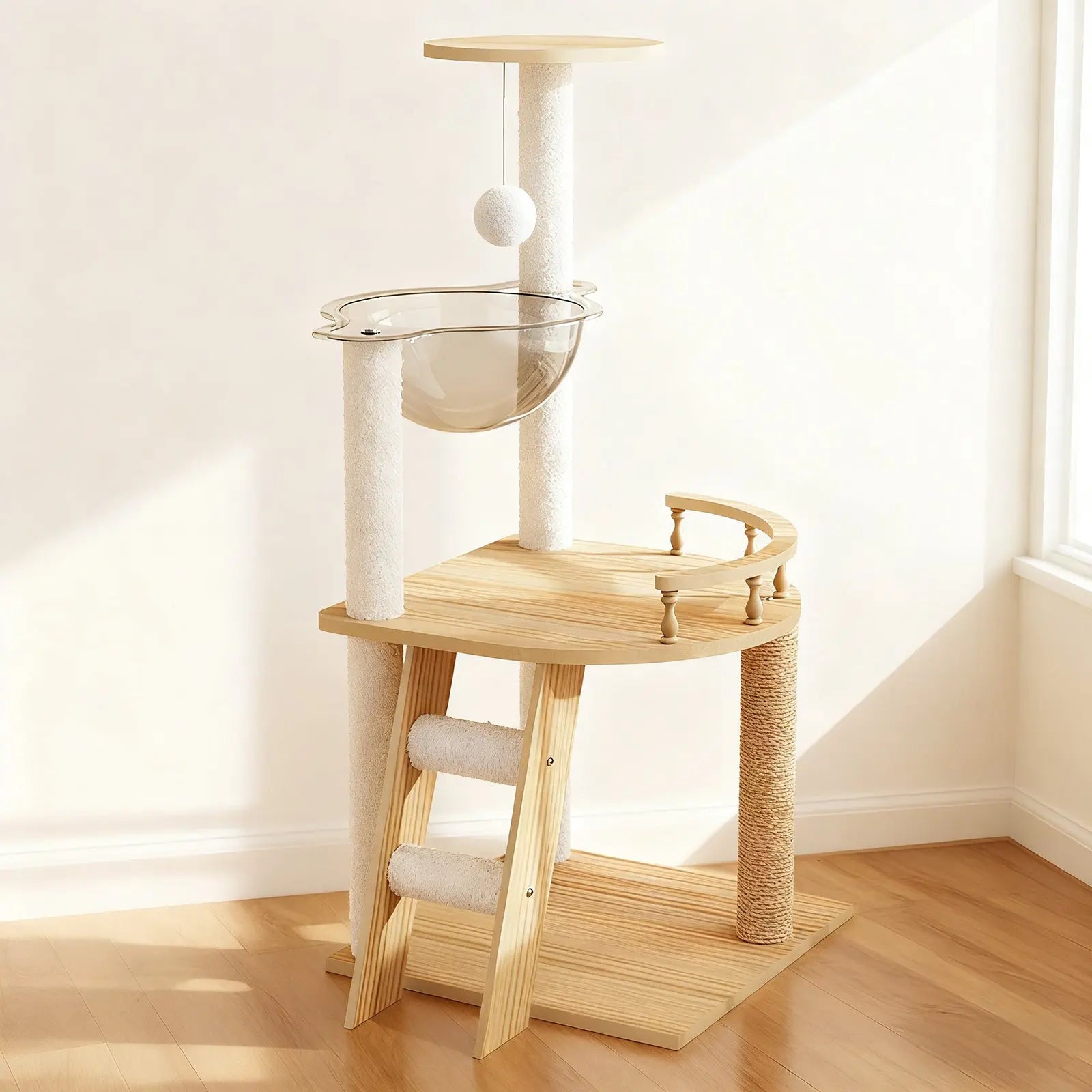 Modern wood cat tower in a sunlit room