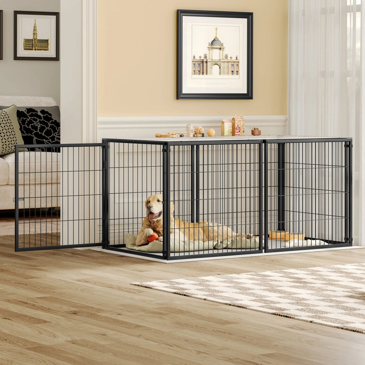 Black modular dog kennel in a living room Main image