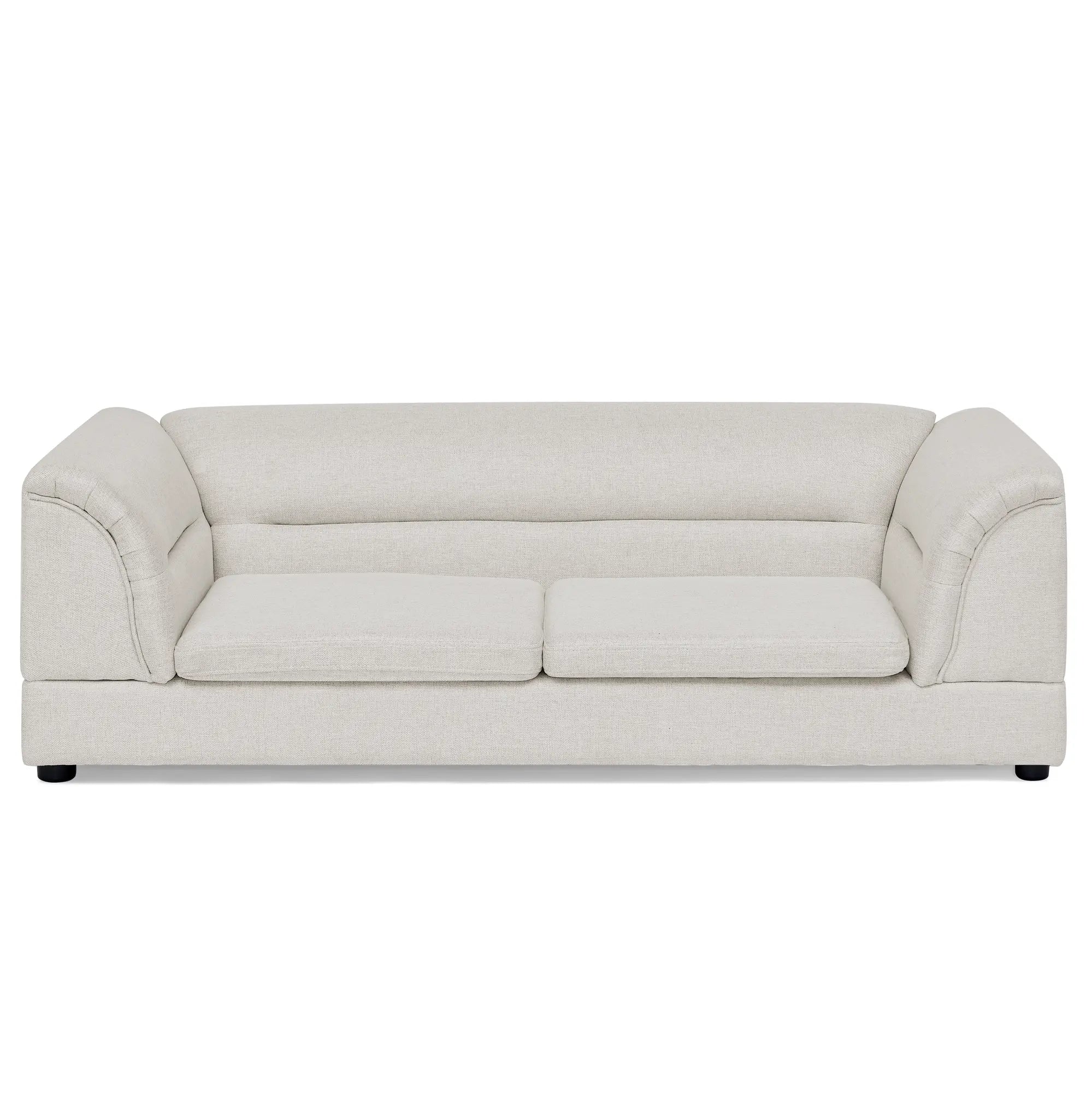Front product view of an oversized beige dog sofa