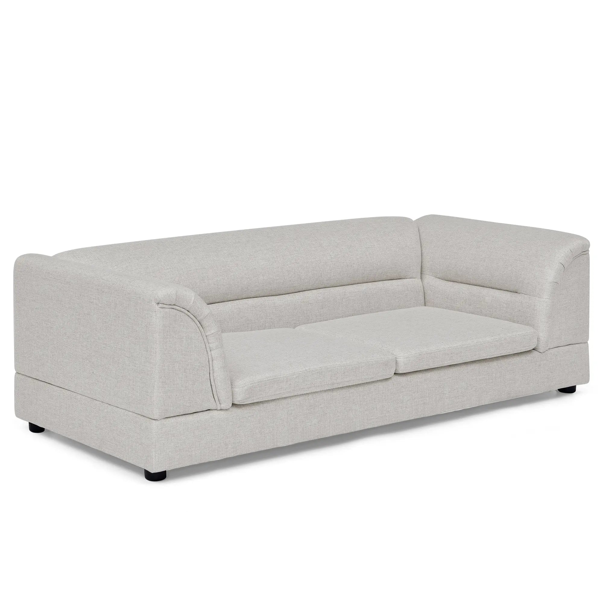 Angled product view of an oversized beige dog sofa
