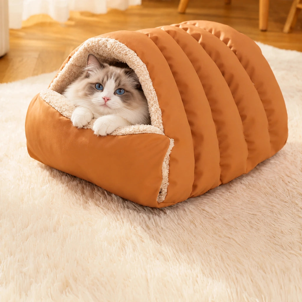 Ragdoll cat resting inside the orange ribbed plush cave bed Main image