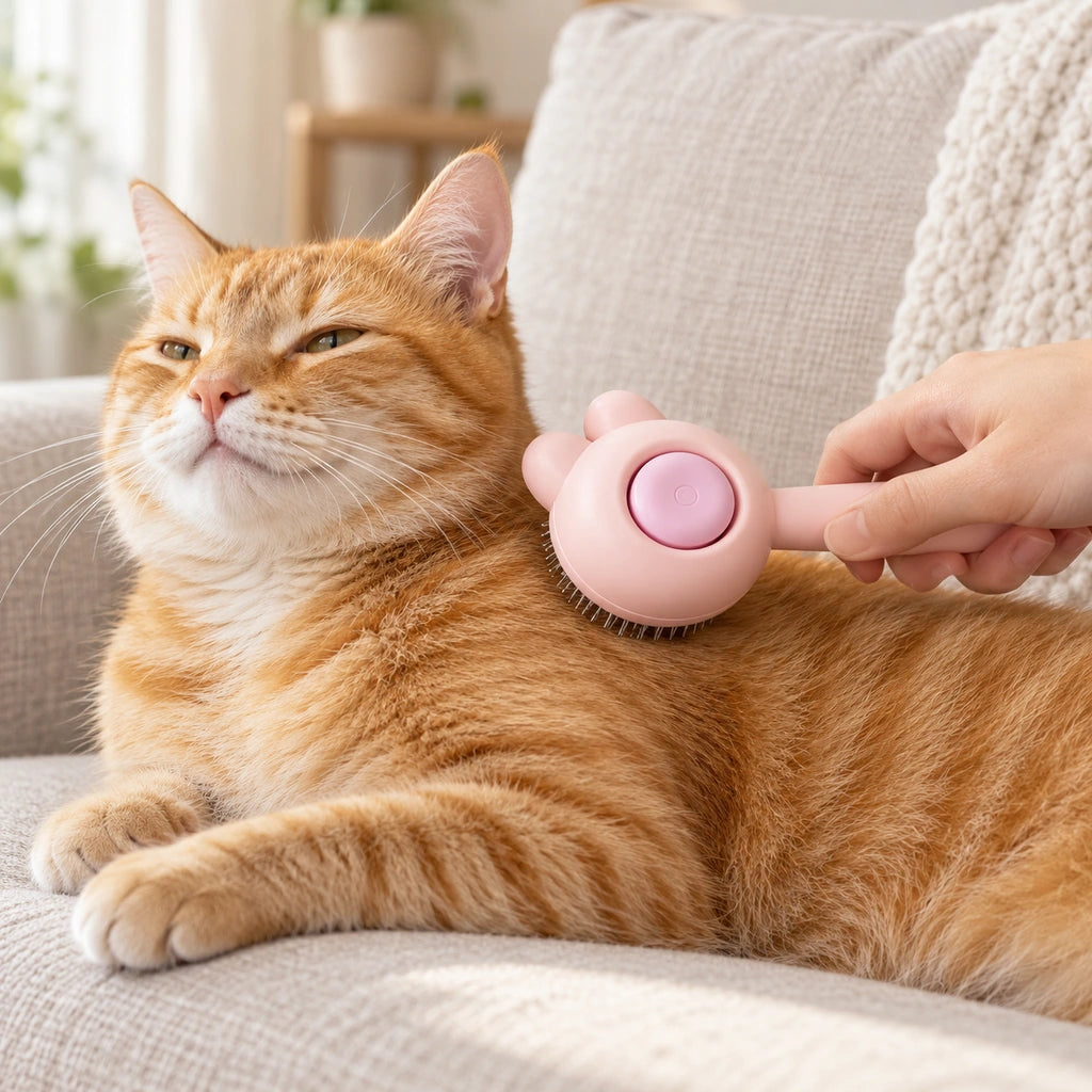 Pink cat-ear self-cleaning grooming brush being used on an orange tabby cat Main image