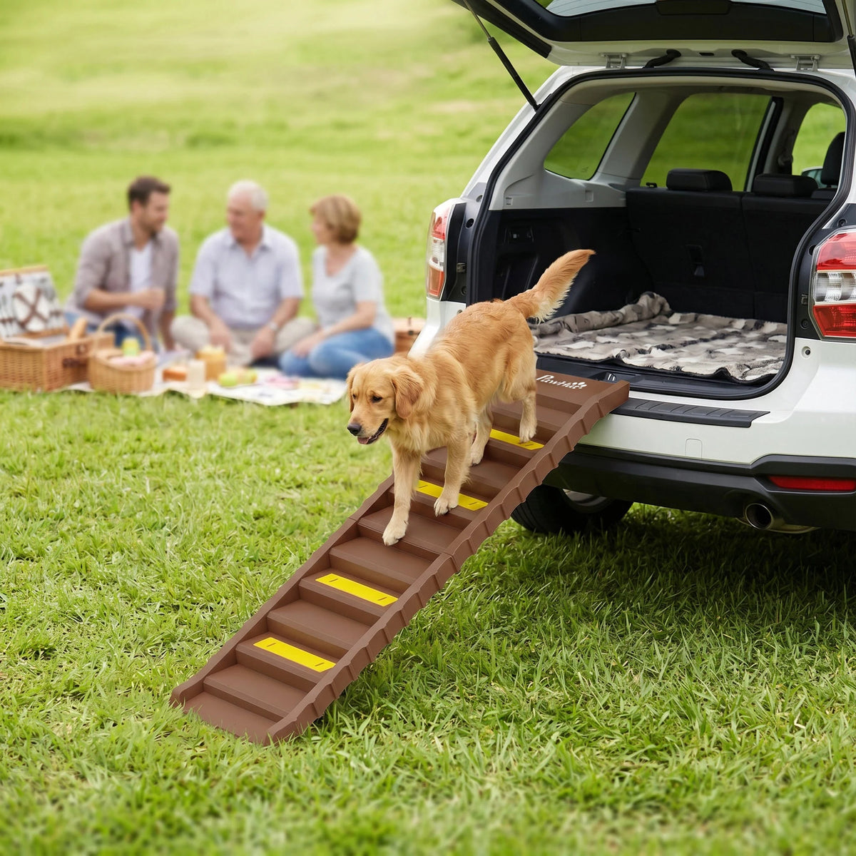 PawHut Foldable Dog Car Ramp with 10 Steps — dog ramp beside a car Main image