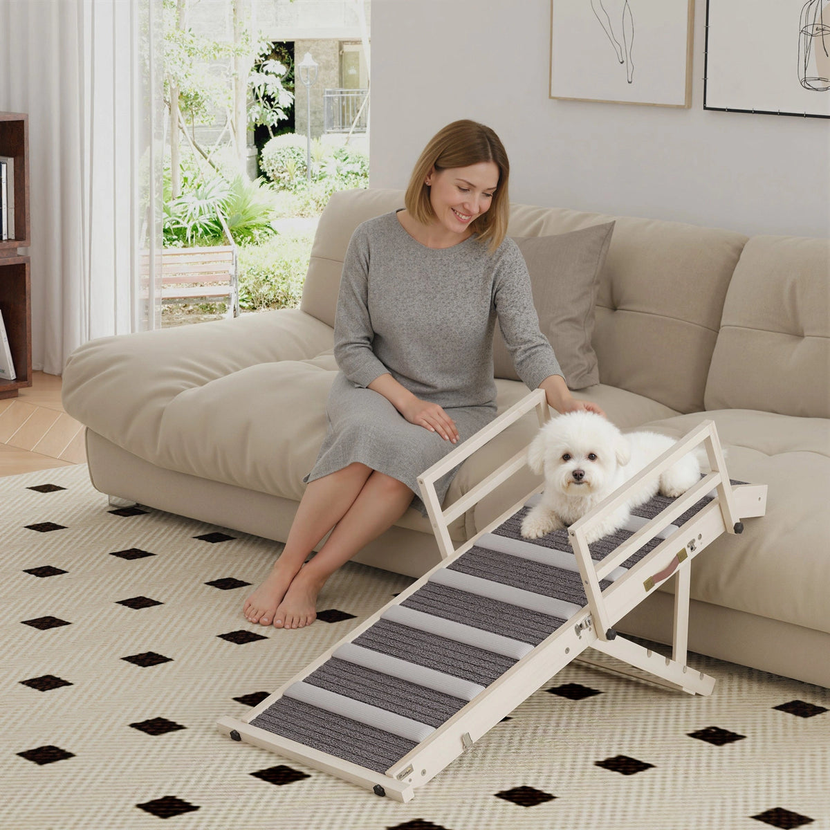 PawHut wooden dog ramp with upper guardrails beside a sofa, with a small white dog