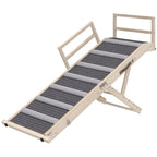 Natural wood PawHut folding dog ramp with gray carpet and upper guardrails on a white background