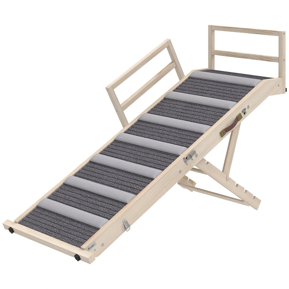 Natural wood PawHut folding dog ramp with gray carpet and upper guardrails on a white background