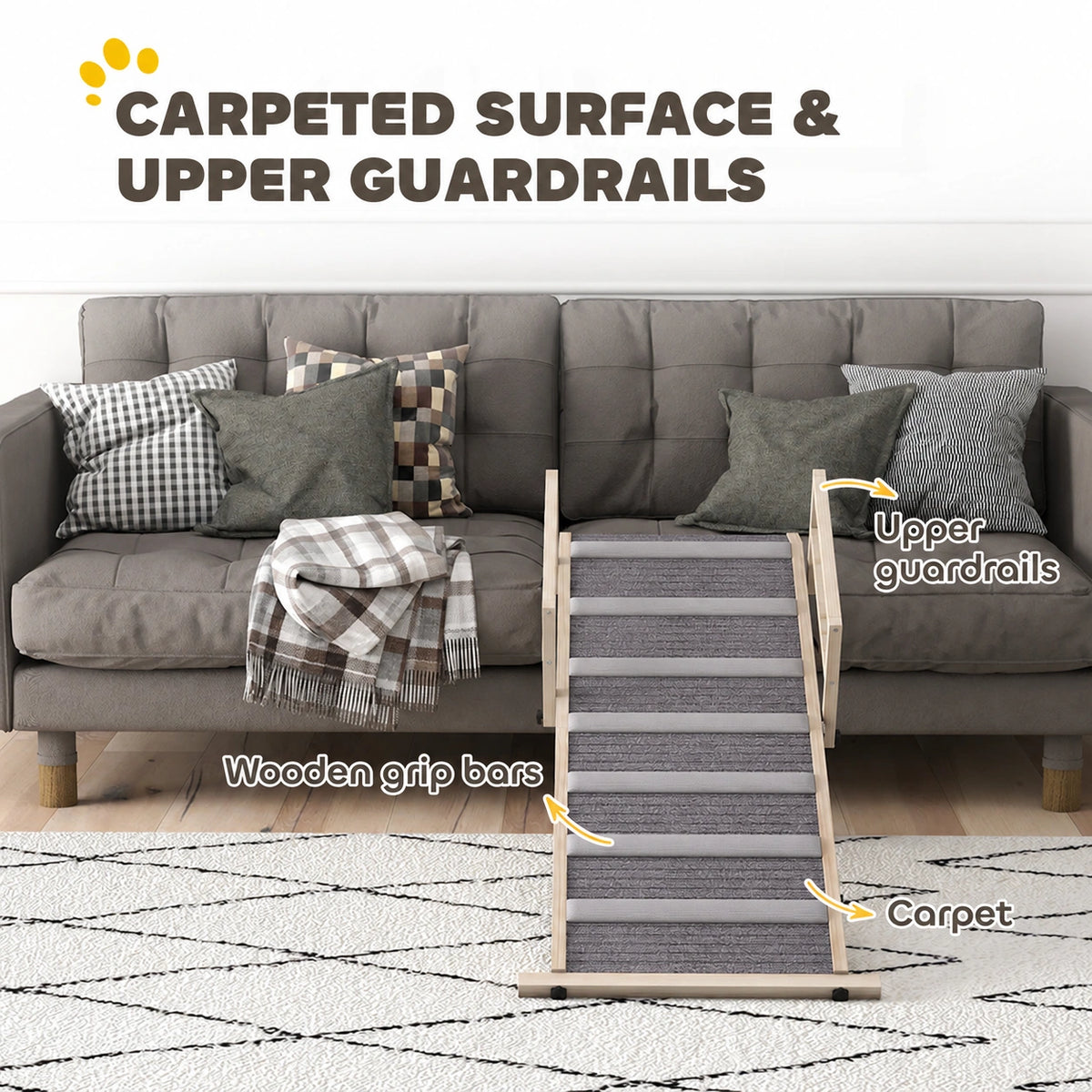 Front view of the PawHut dog ramp showing gray carpet, wooden grip bars and upper guardrails