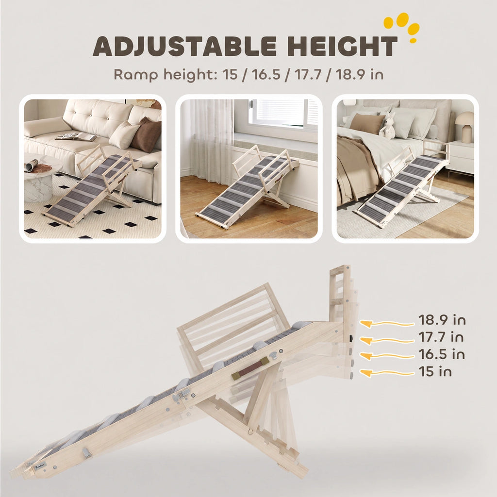PawHut dog ramp showing four adjustable heights of 15, 16.5, 17.7 and 18.9 inches