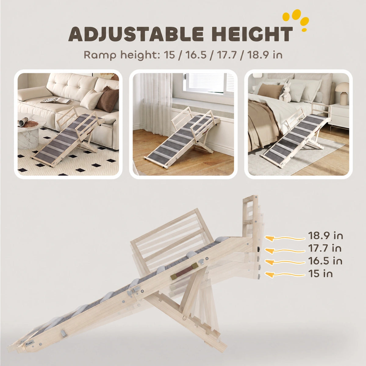 PawHut dog ramp showing four adjustable heights of 15, 16.5, 17.7 and 18.9 inches