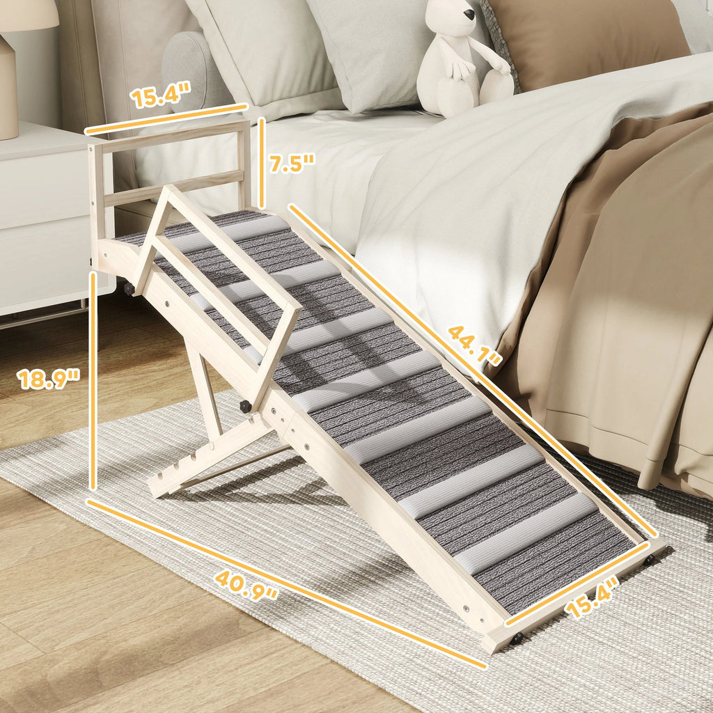 PawHut dog ramp dimension diagram showing panel length, illustrated floor footprint, overall width and ramp height