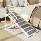 PawHut dog ramp dimension diagram showing panel length, illustrated floor footprint, overall width and ramp height