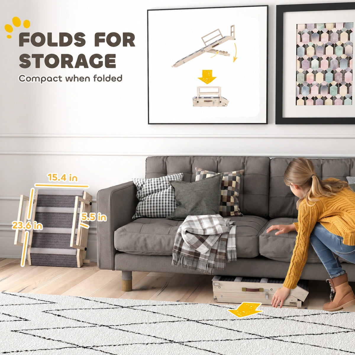 PawHut wooden dog ramp folded beside a sofa to show its compact storage form