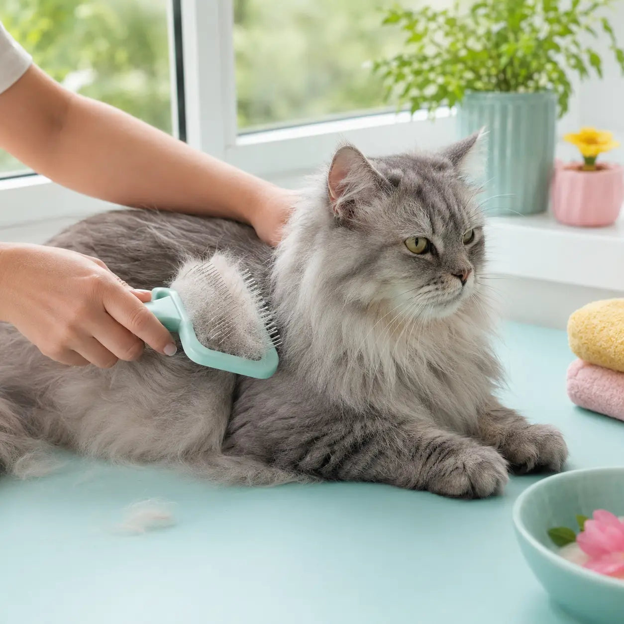 Silver-gray long-haired cat being gently brushed in a bright summer grooming area