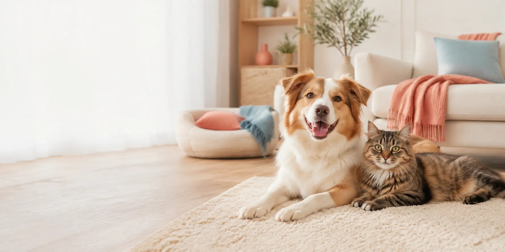 Dog and cat relaxing together in a bright cozy living room