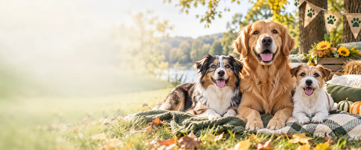 Happy dogs celebrating National Dog Week in a warm early-autumn setting