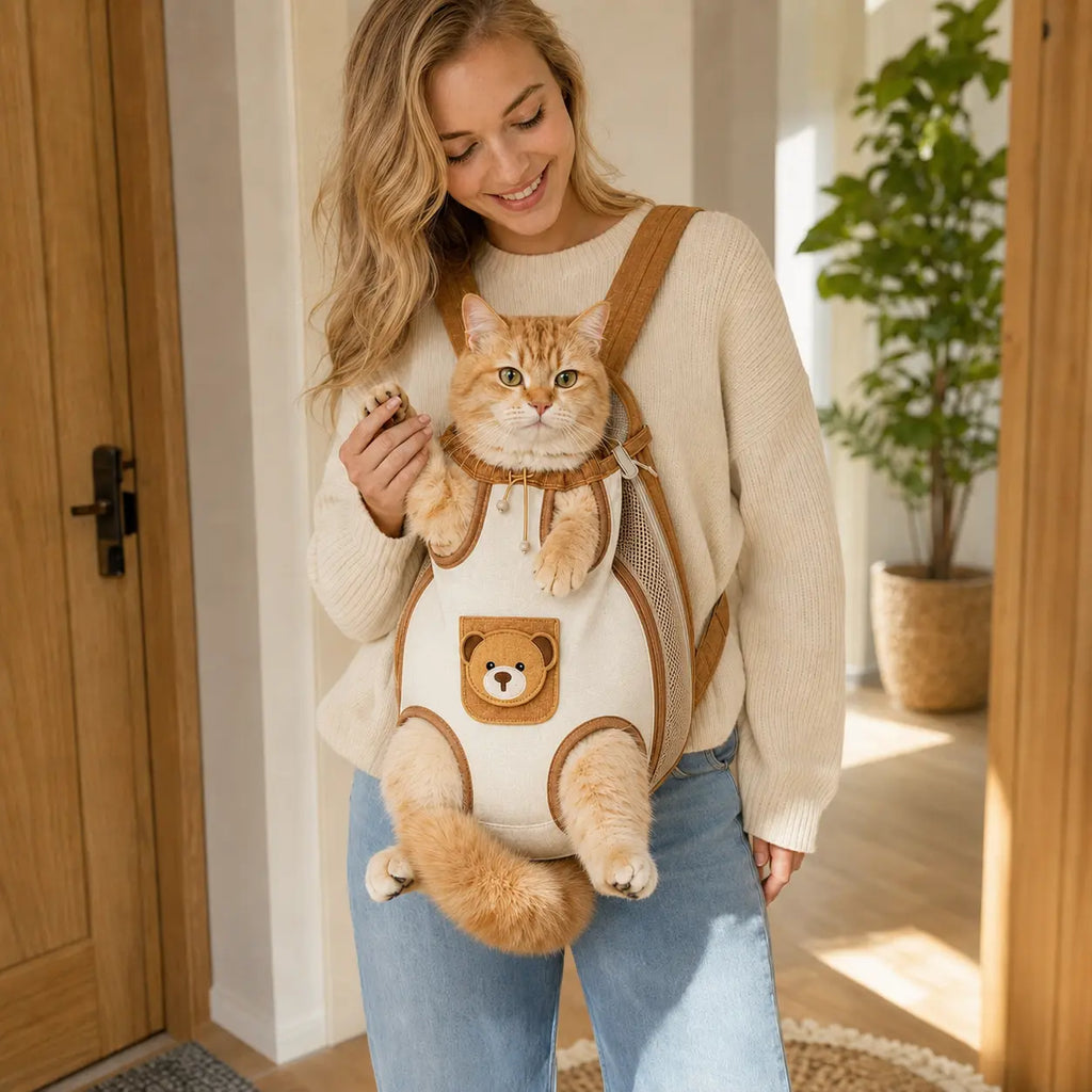 Beige and brown hands-free pet carrier backpack with orange tabby cat