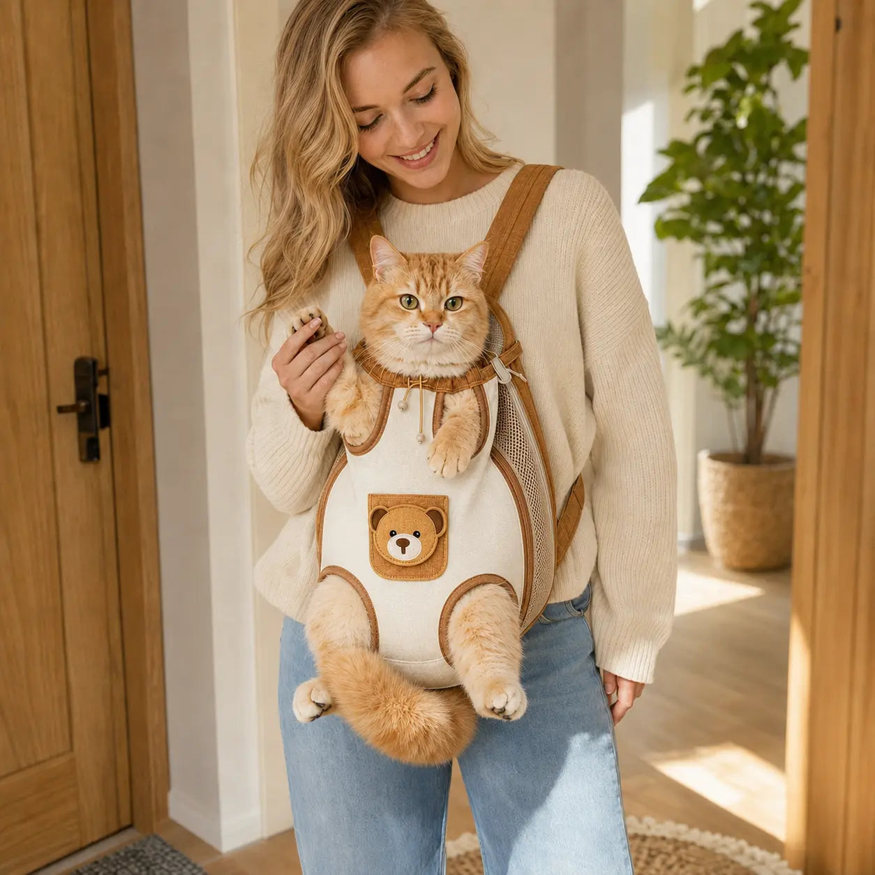 Beige and brown hands-free pet carrier backpack with orange tabby cat