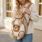 Beige and brown pet carrier showing breathable mesh side panel and straps