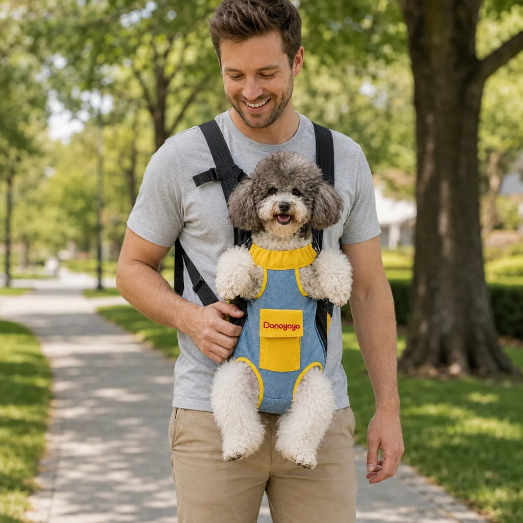 Blue and yellow pet carrier backpack worn outdoors with a small dog