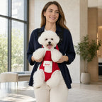 Red and white hands-free pet carrier backpack with a small white dog