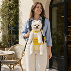 White and yellow pet carrier backpack used for an everyday outing