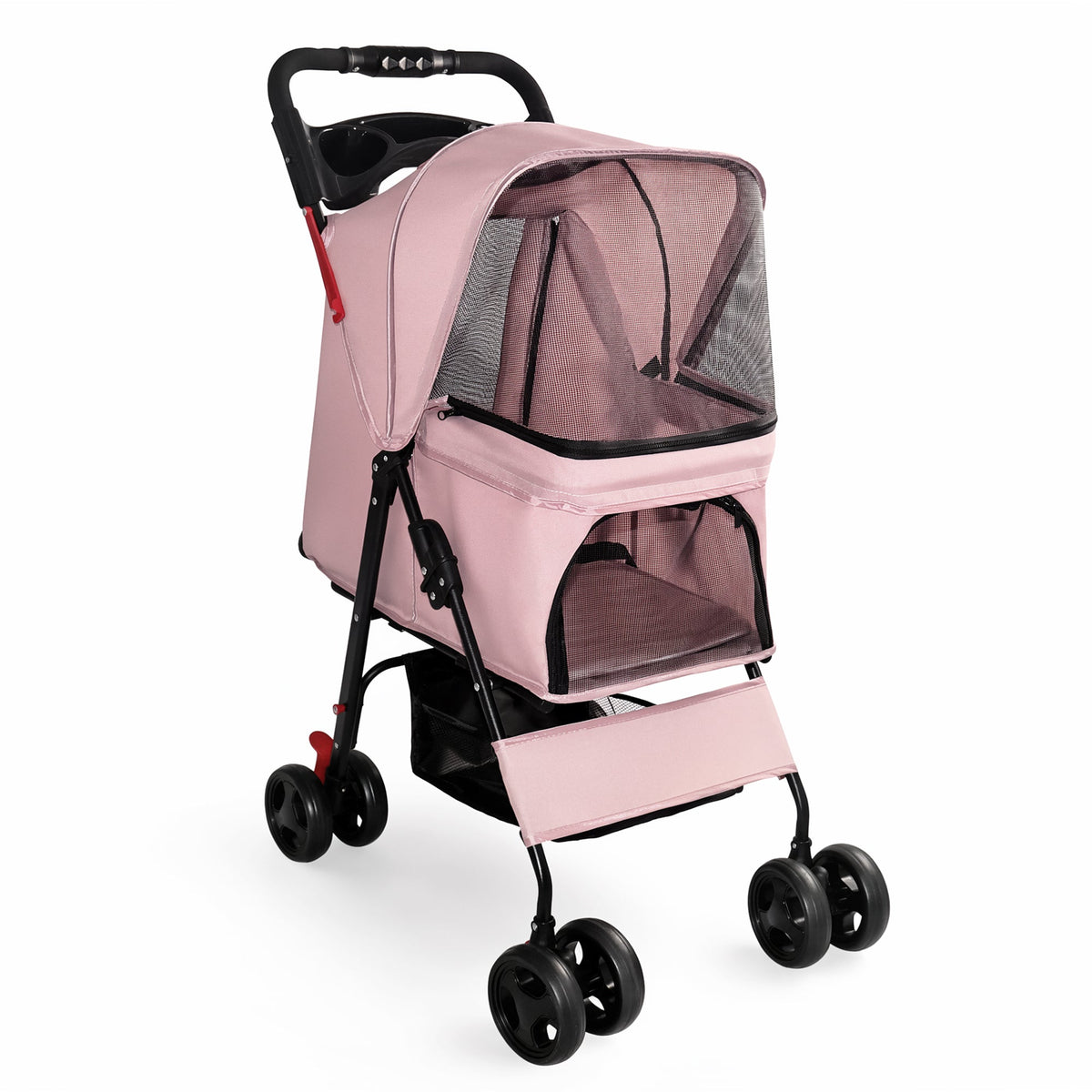 Pink folding pet stroller with mesh canopy and storage basket