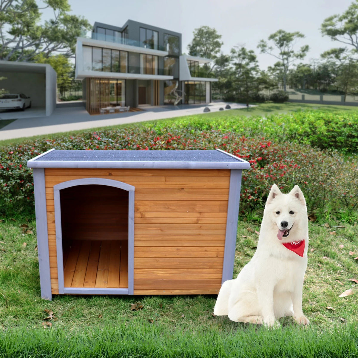 Raised Wooden Dog House with Sloped Roof — wooden dog house in a garden Main image