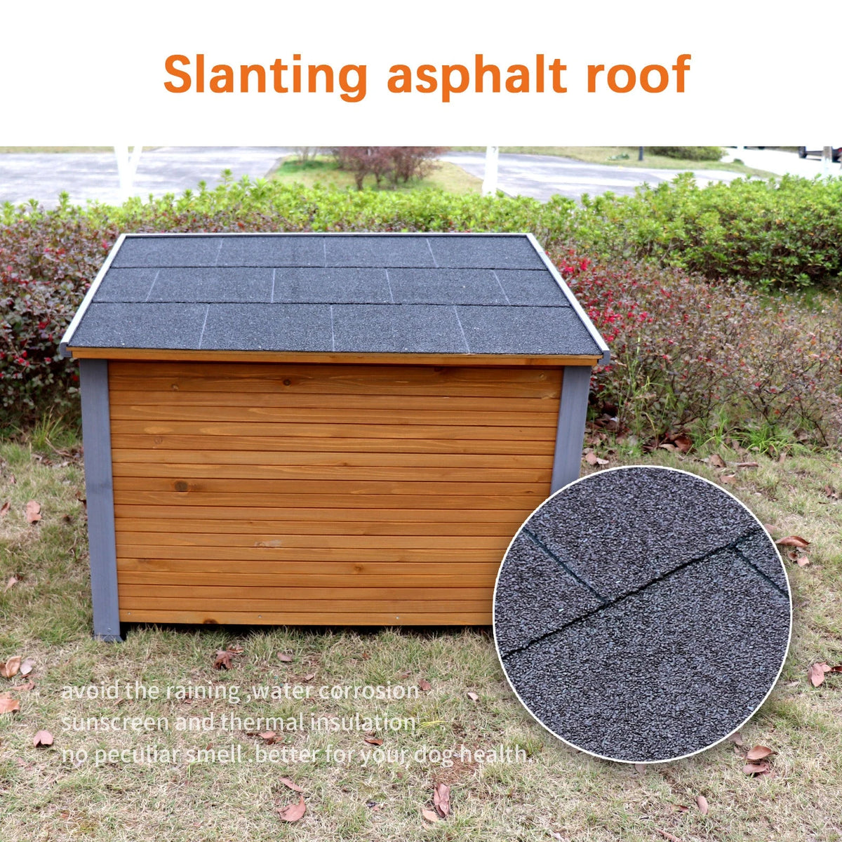 Raised Wooden Dog House with Sloped Roof — sloped roof detail