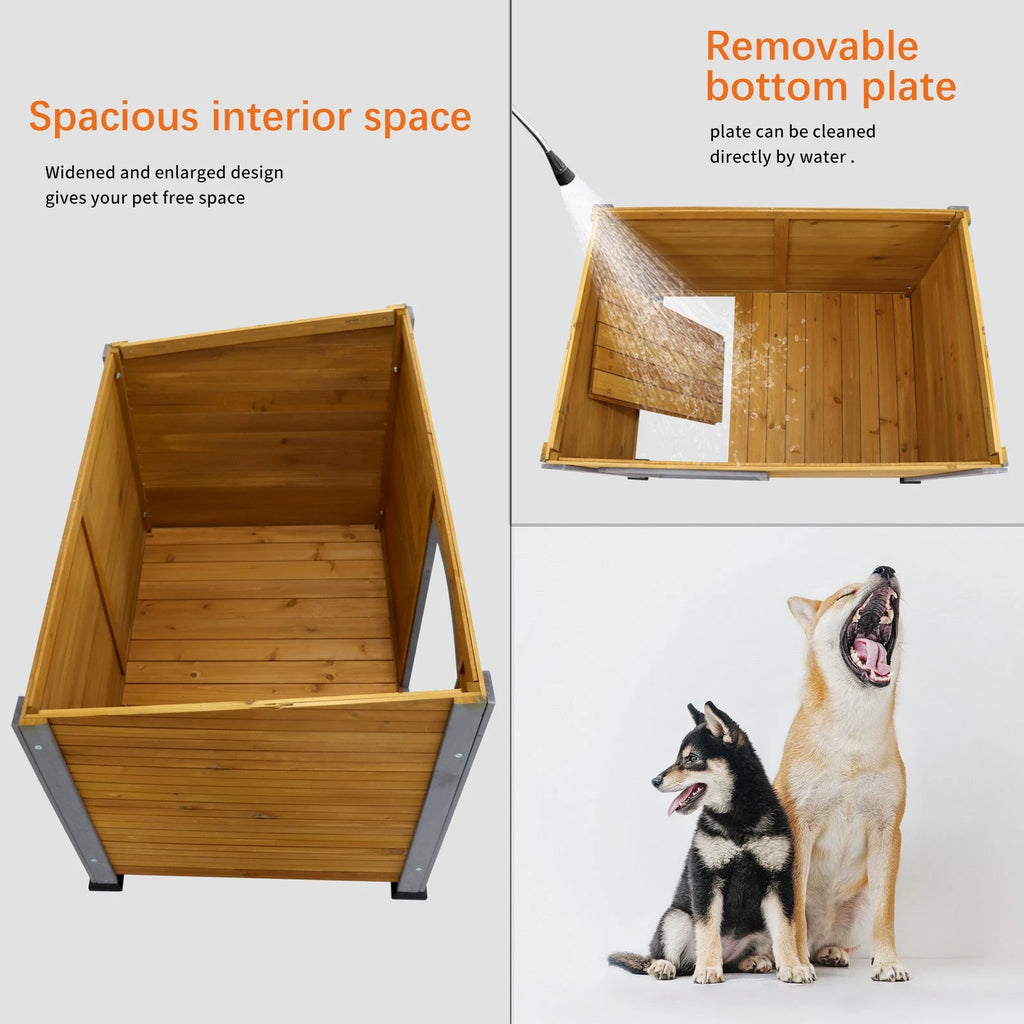 Raised Wooden Dog House with Sloped Roof — removable floor panel