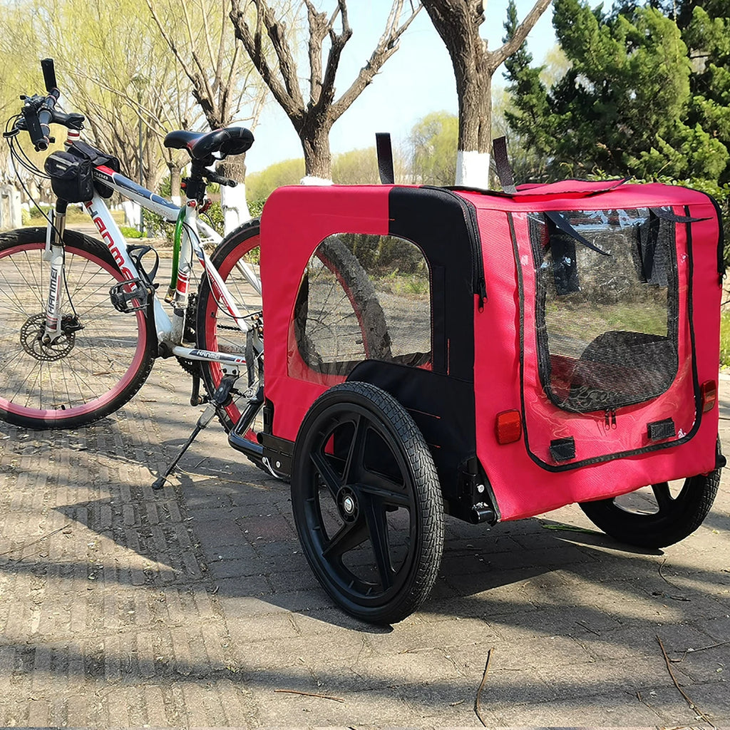 Red Folding Pet Bike Trailer with Mesh Windows — bike trailer outdoors with bicycle not included