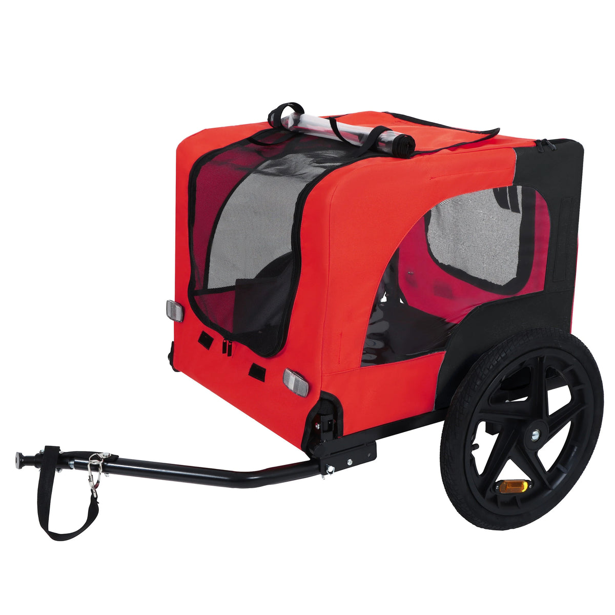 Red Folding Pet Bike Trailer with Mesh Windows — trailer with open canopy