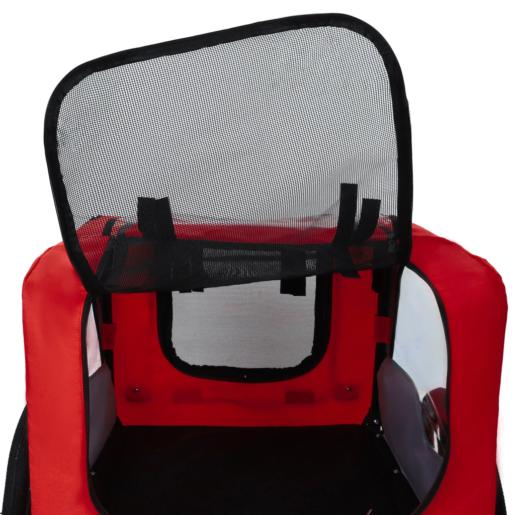 Red Folding Pet Bike Trailer with Mesh Windows — mesh roof opening