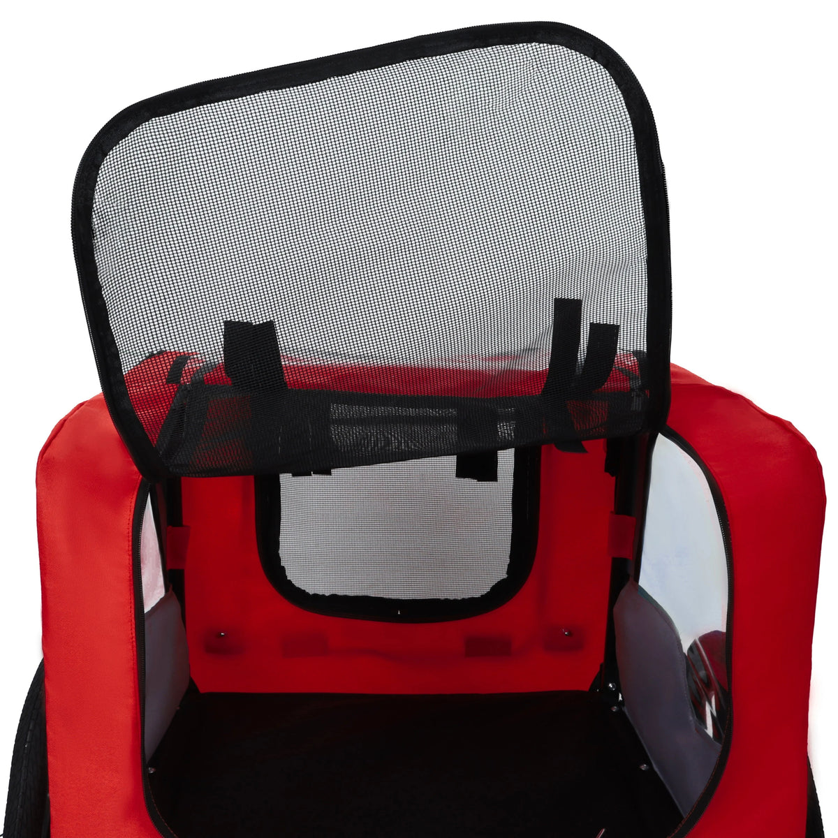 Red Folding Pet Bike Trailer with Mesh Windows — mesh roof opening