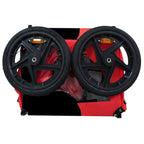 Red Folding Pet Bike Trailer with Mesh Windows — folded trailer and wheels