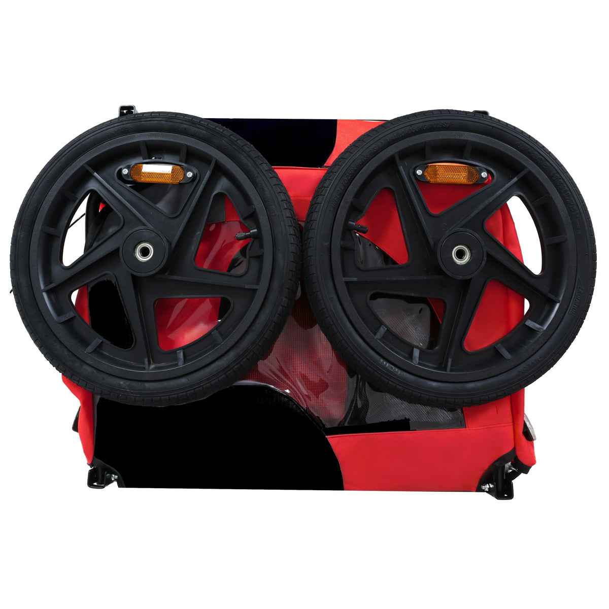 Red Folding Pet Bike Trailer with Mesh Windows — folded trailer and wheels