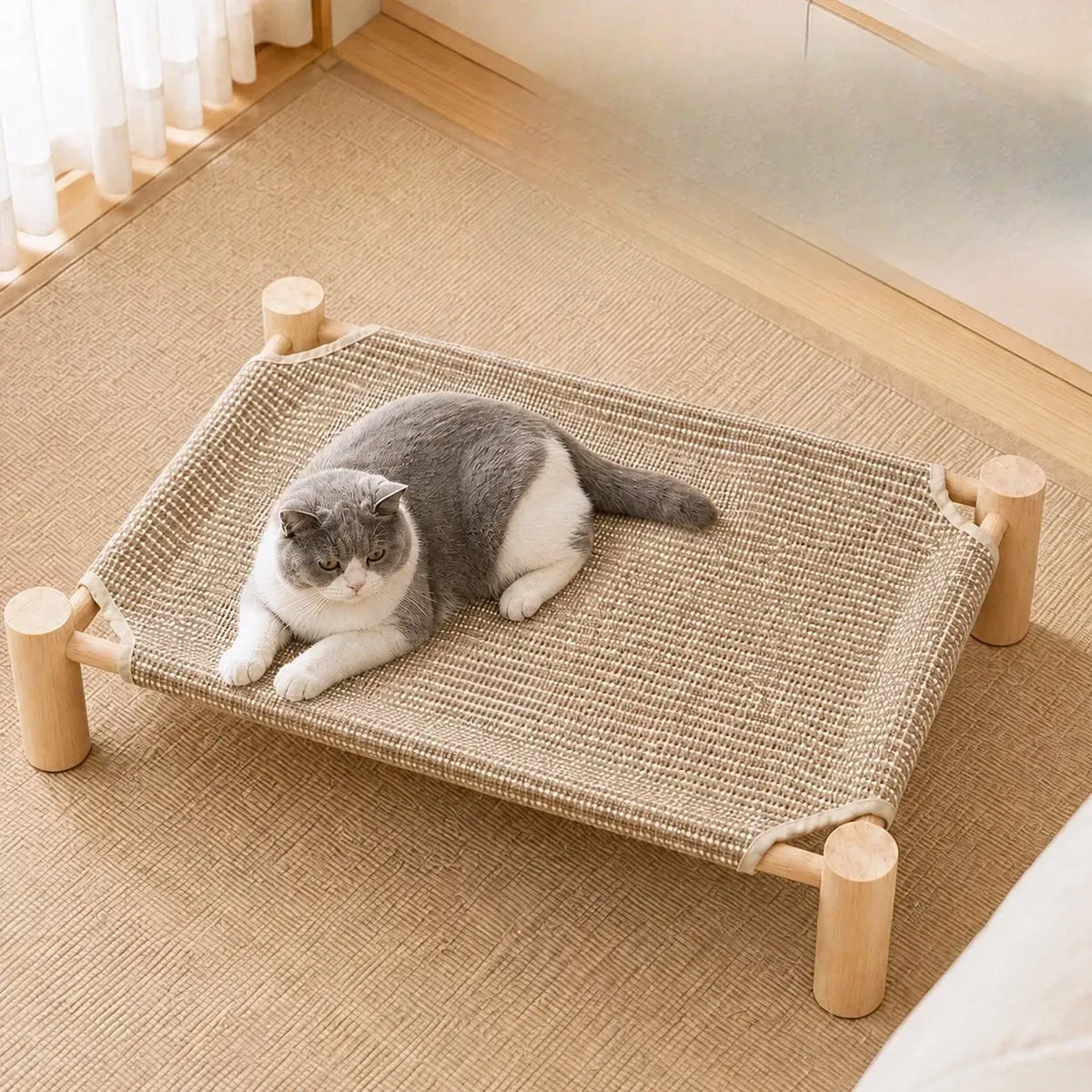 Rattan-Woven Cat Bed with Scratching Surface