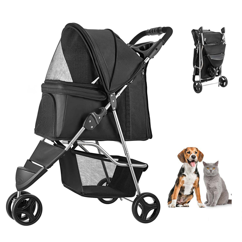 Black three-wheel stroller with open canopy and folded view