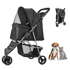 Black three-wheel stroller with open canopy and folded view