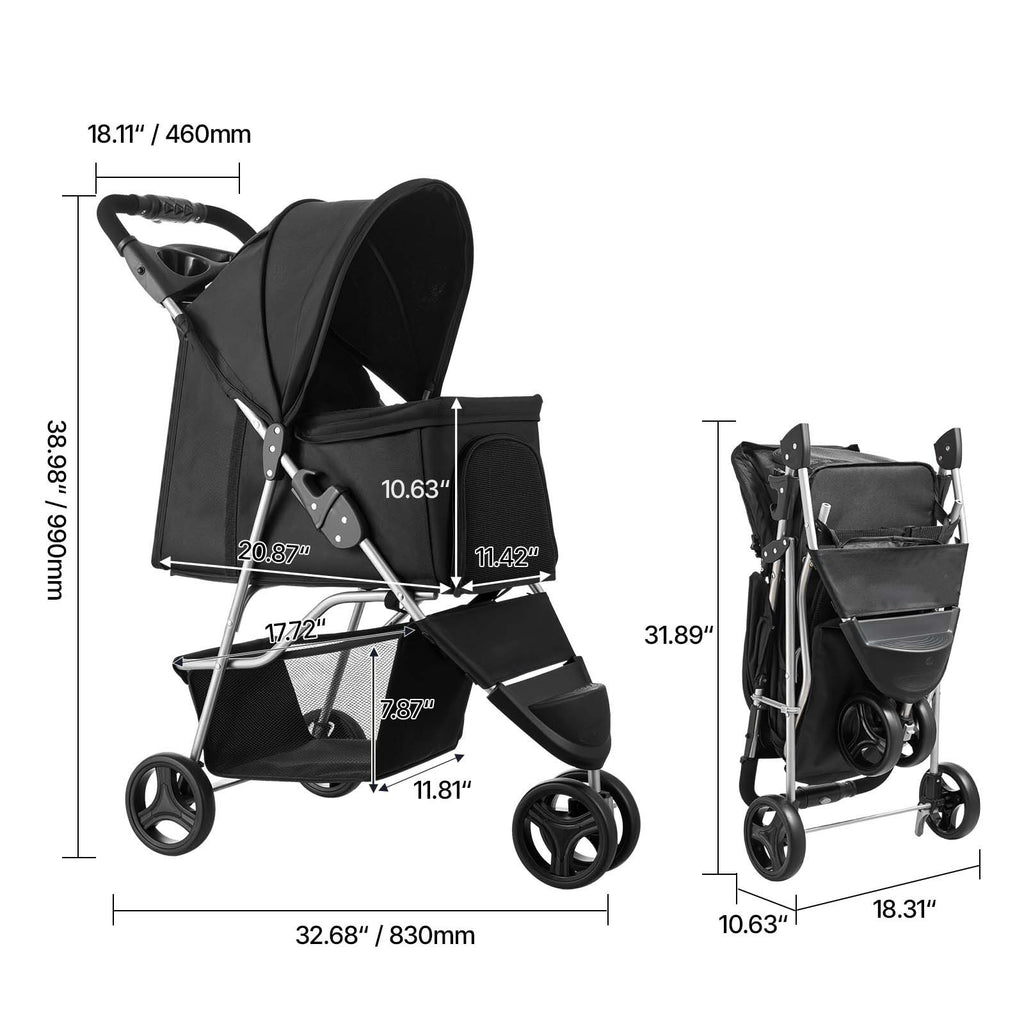 Unfolded stroller, folded stroller and pet cabin size diagram